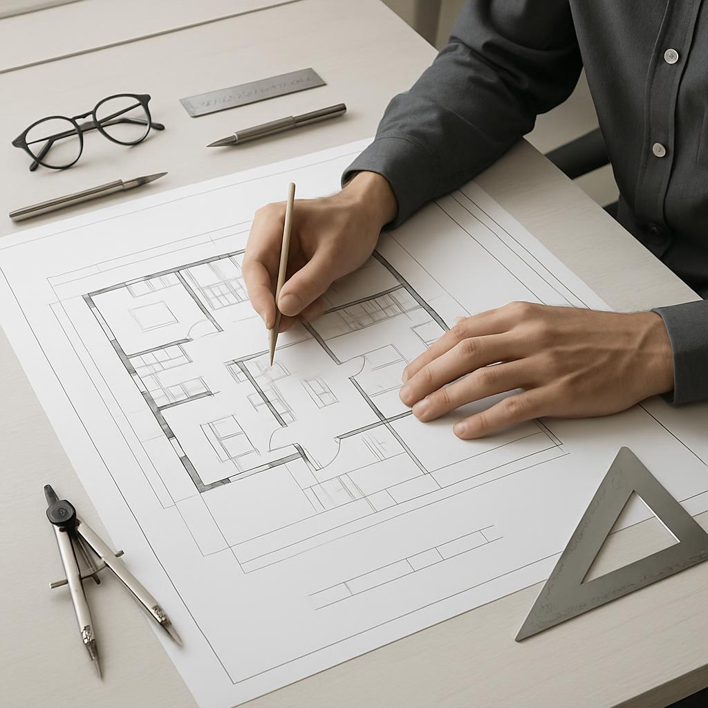 A person is seen drawing an architectural blueprint on a piece of paper. They are using a pencil. There are different tool...