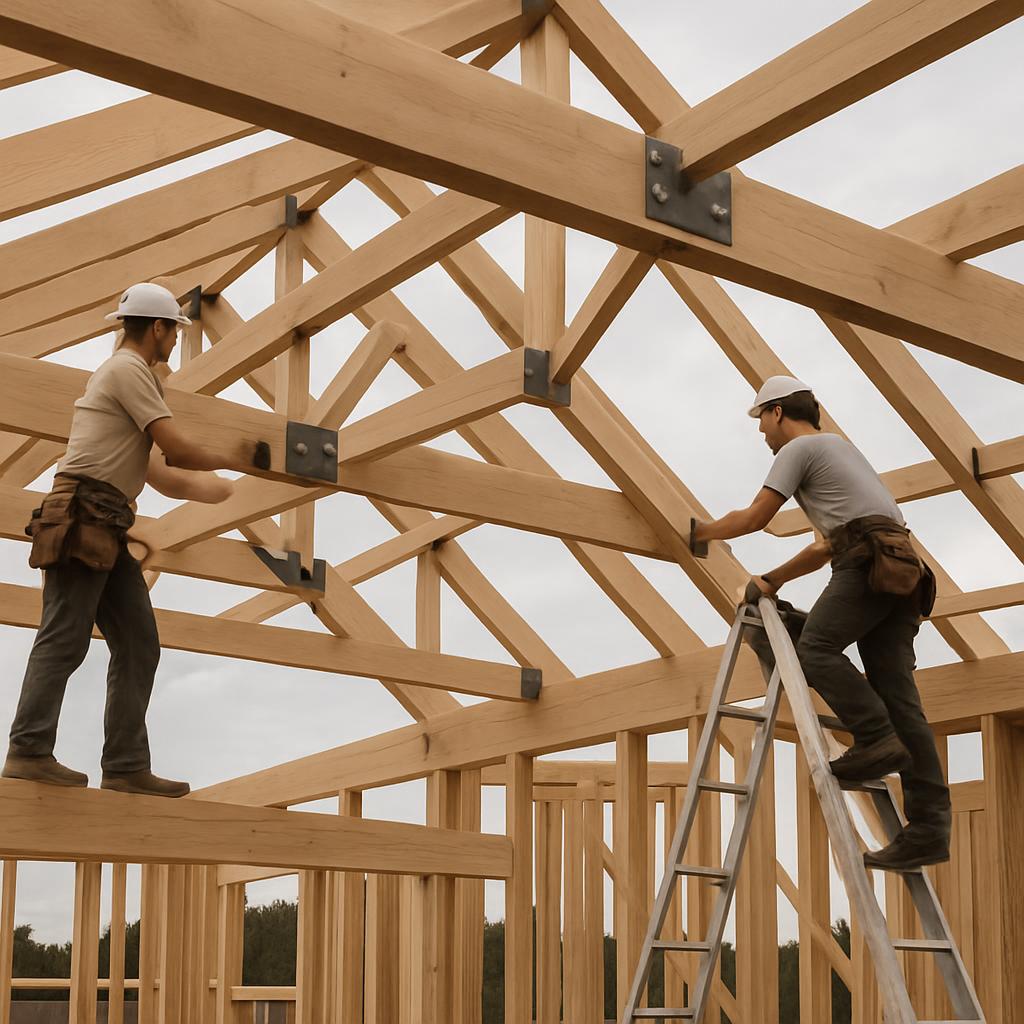 Two men installing rafters on an unfinished wooden house frame while wearing hardhats.